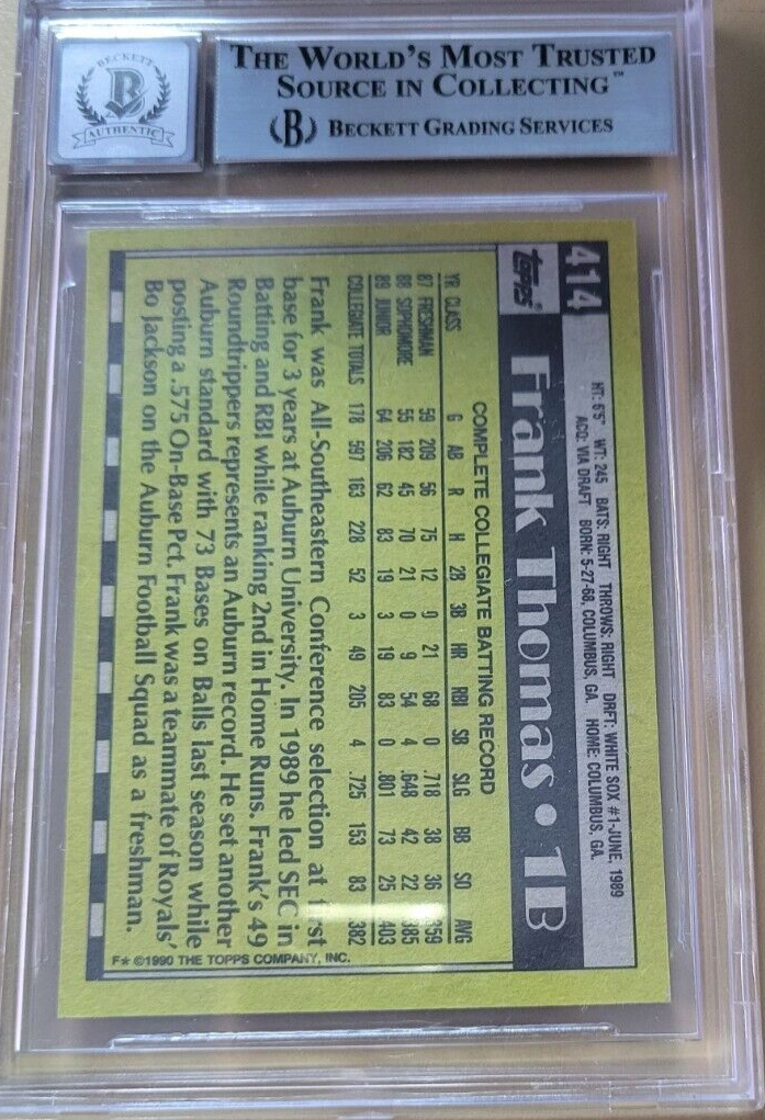 1990 Topps #414 - Frank Thomas - Signed - Rookie Card - GRADED BGS