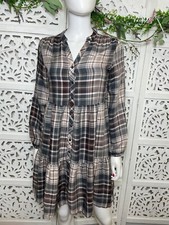Knox Rose Fall Button Up Women's Brown Plaid Puff Long Sleeve Shirtdress