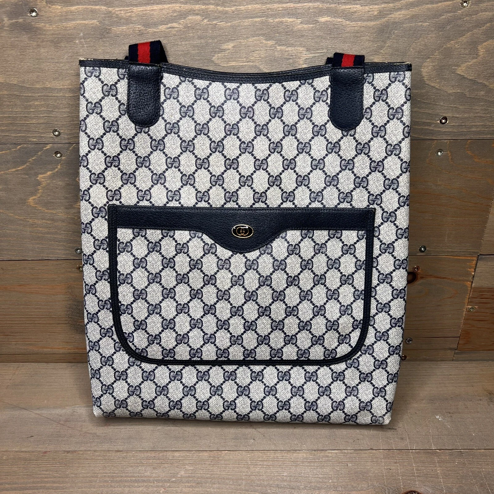 Vintage Gucci Accessori Collezione GG Monogramma Tote Bag Sherry Line Blu Navy