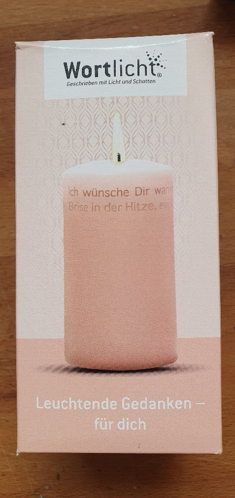 Wortlicht Stumpenkerze "Leuchtende Gedanken für dich" Höhe 14cm Rose