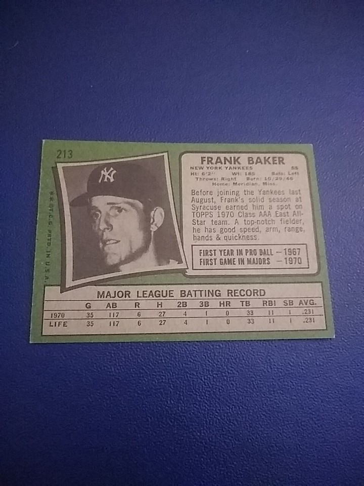 1971 TOPPS BASEBALL Card 213 Frank Baker NEW YORK YANKEES EX/NM eBay