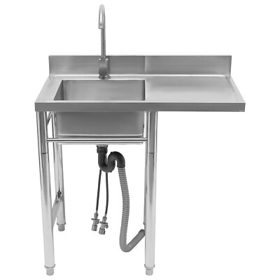 Commercial Kitchen Sink Prep Table with Faucet 304 Stainless Steel Freestanding
