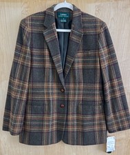 Lauren Ralph Lauren Wool Blazer Brown Plaid Womens Vintage Leather Elbows NOS 12