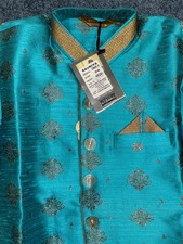 Brand New Mens Kurta Light Blue Gold Embroidery Size Medium Indian Traditional