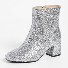 Silver Glitter Ankle Boots Women New Block Ch...