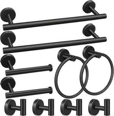 10 Pcs Black Bathroom Hardware Set Stainless Steel Towel Bar Towel Racks Hooks