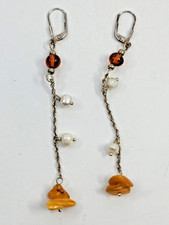 Pearl Agate Natural Stone Silver Tone Drop Dangle Earrings