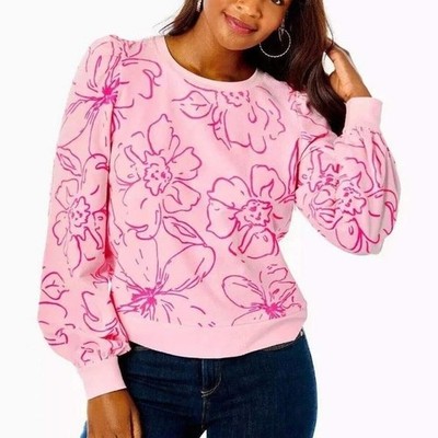 Lilly Pulitzer Lissome L/S Sweatshirt Women XL Pink Blossom Flower Puff Sleeve