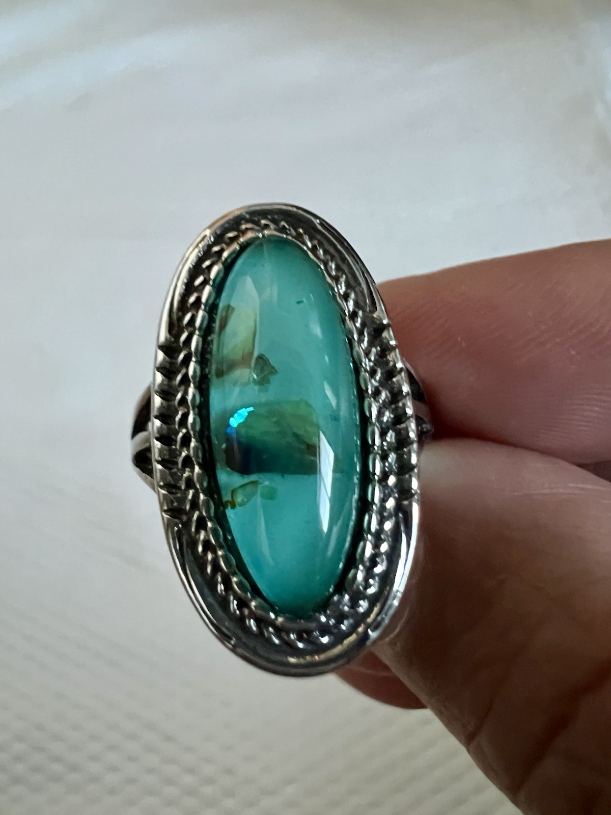Bold Teal Cabochon Statement Ring Silver Tone Boh… - image 3