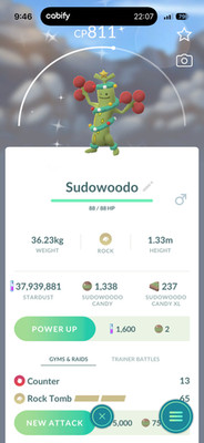 SHINY   SUDOWOODO WINTER ATTIRE!!!   - PKMN GO!!! - NOT REGISTERED!!!