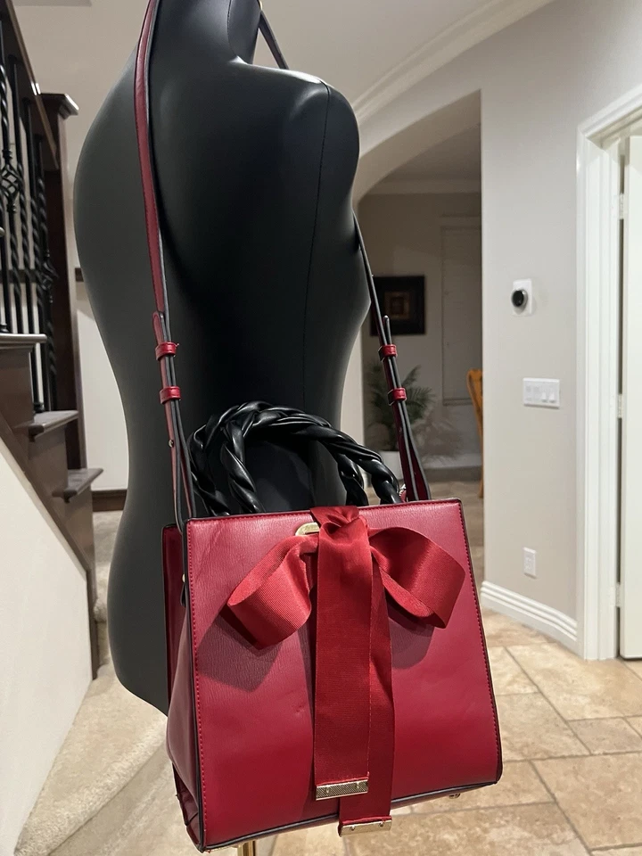 Satchel / Crossbody Bag Womens Red Bow Purse Shoulder Tote Vegan Leather - Image 2 of 4