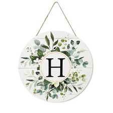 Smile Monogram Letter Wreaths Wooden Welcome Sign, Family Last Name Initial H