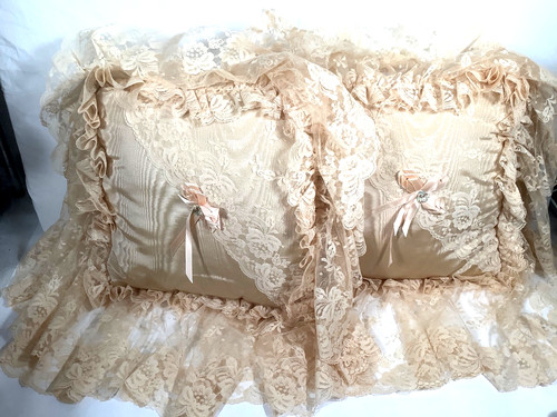 2  Vtg beige Boudoir Pillows taffeta lace satin Bows Granny Cottage Shabby Chic