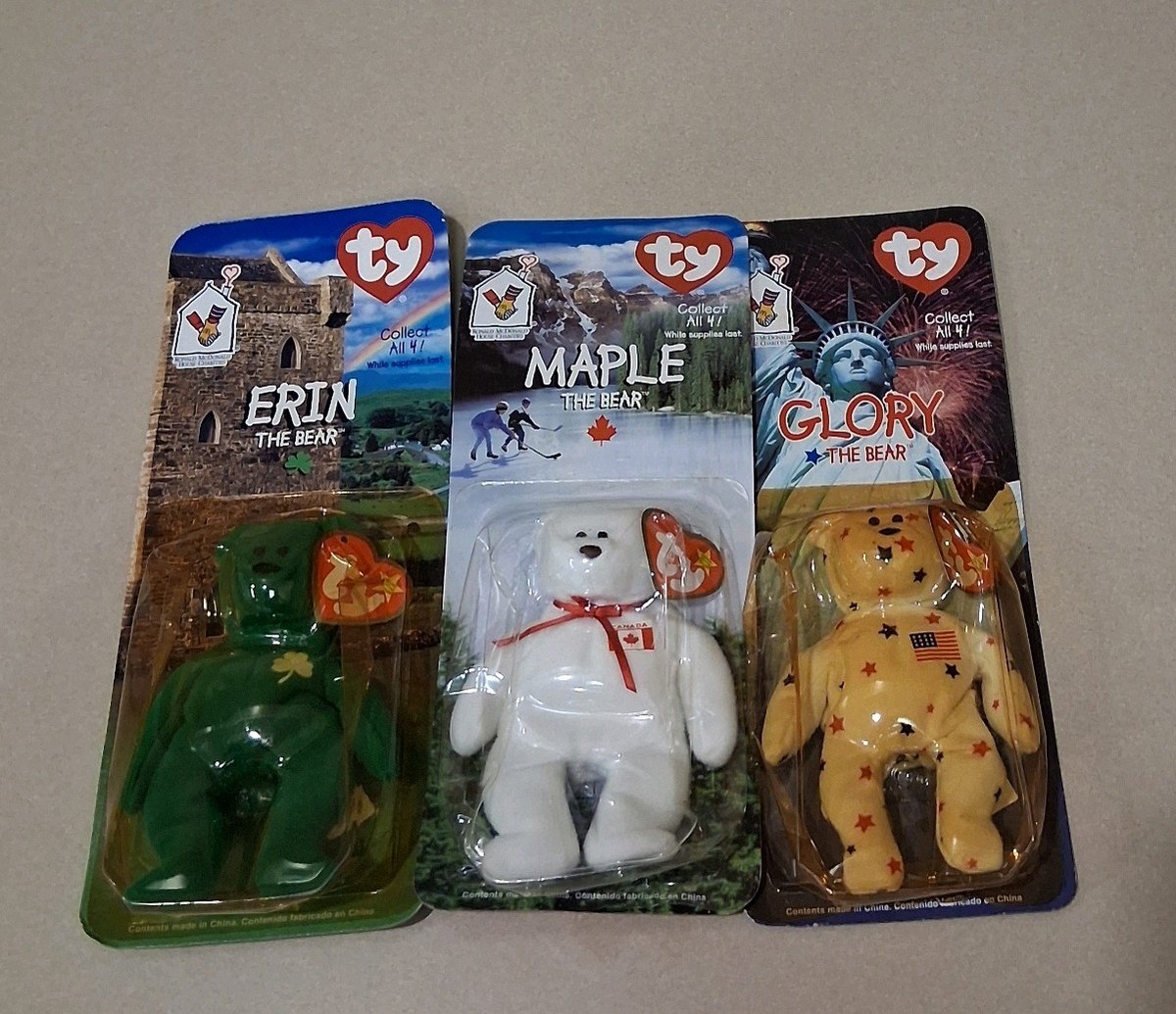 Rare TY McDonalds Beanie Baby Erin, Maple, Glory the Bear 1999 SET