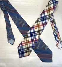 2 Vintage MCM 1970's Wemlon By Wembley Ties Blue Floral  Plaid 3.75  4  Wide