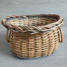 Vintage Light Wood Wicker Basket Double Handle Rim Farmhouse Rustic Decor