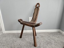 Primitive Folk Art Hand Carved Wood Birthing Chair Stool Three Legged Antique