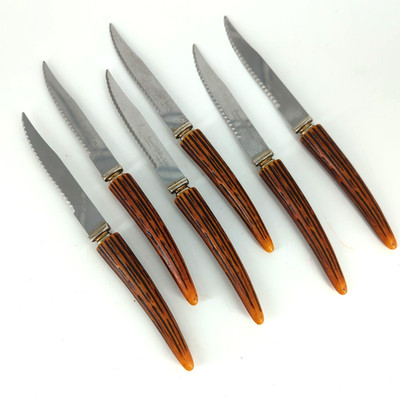 Vtg Regent Sheffield Steak Knives Stainless Bakelite Faux Antler Handle Set Of 6