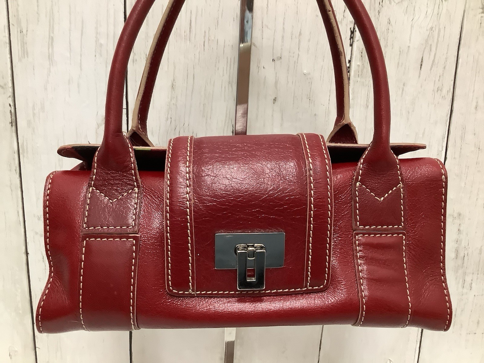Red Genuine Leather Shoulder Bag with Silver Hardware & Flip-Lock Closure