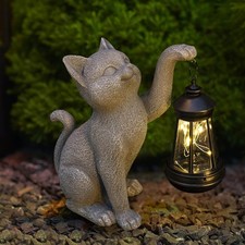 WONDHOME Solar Cat Garden Statue Outdoor Decor Resin Cat Figurine with LED La...
