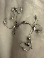 Silver Tone Station Necklace with Round White Imitation Pearls