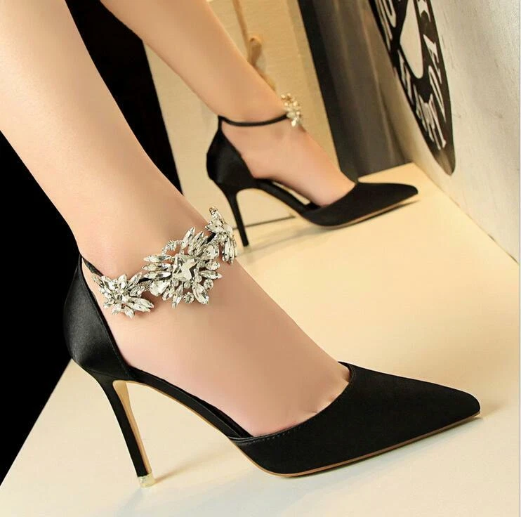 Women Elegant Rhinestone High Heels Pumps Silk Pointed Toe Wedding Shoes