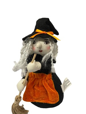 Delton Halloween Witch with Broom  Doll W/ White Hair Orange Apron