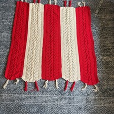Hand Made Cable Knit Afghan Blanket Throw Red Cream Stripe Fringe 50x47 Acrylic