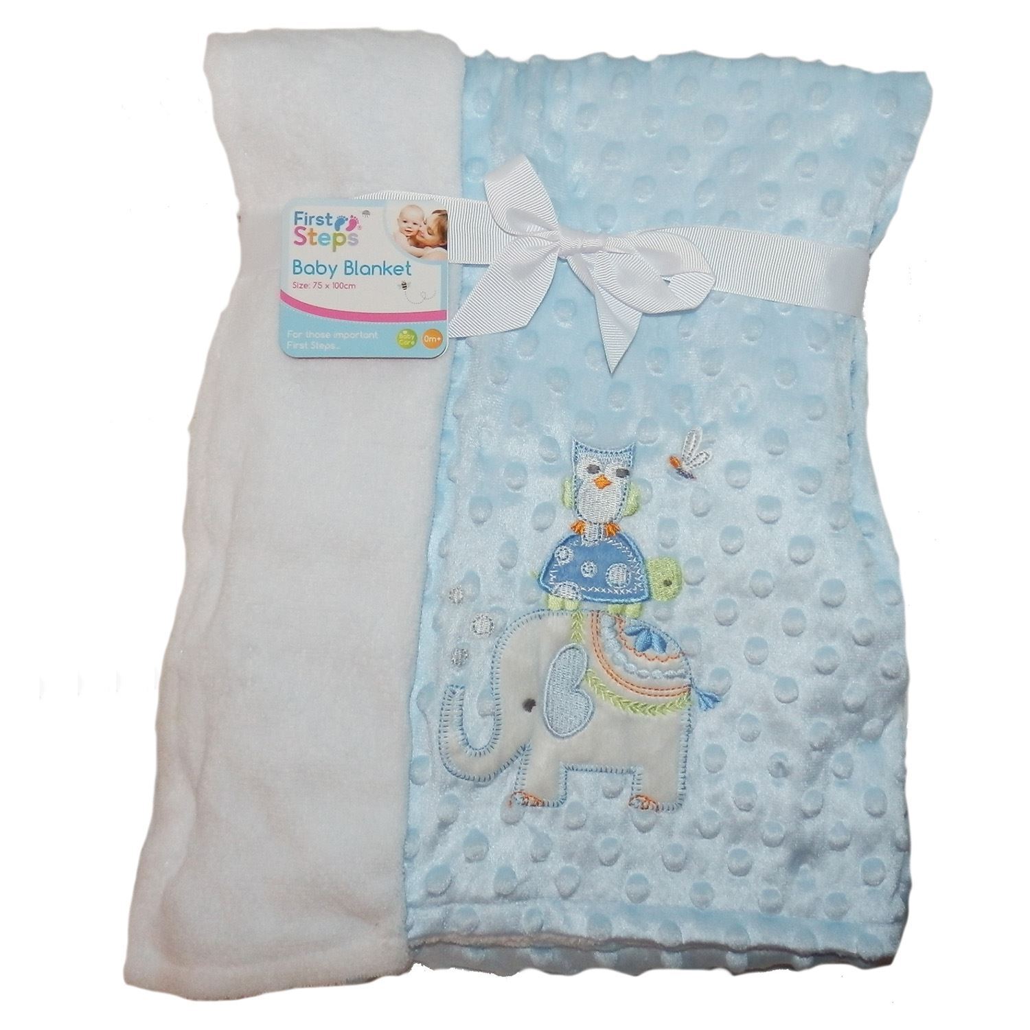 First Steps Embroidered Mink Bubble Baby Blanket Double sided Blue 0+