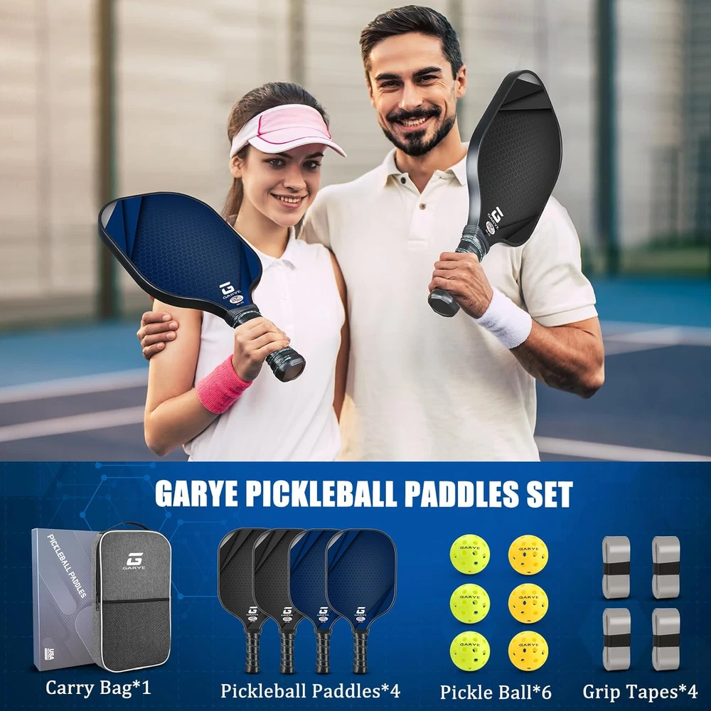 Pickleball Paddle Set of 4, Carbon Fiber with 6 Balls, 1 Bag, 4 Grip Tapes