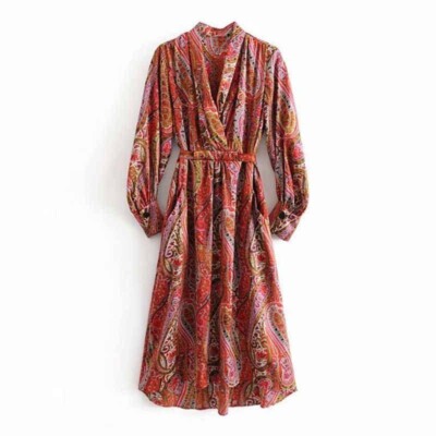 zara red paisley dress ZARA Paisley Satin Dress with Belt Sz L Pink Multi