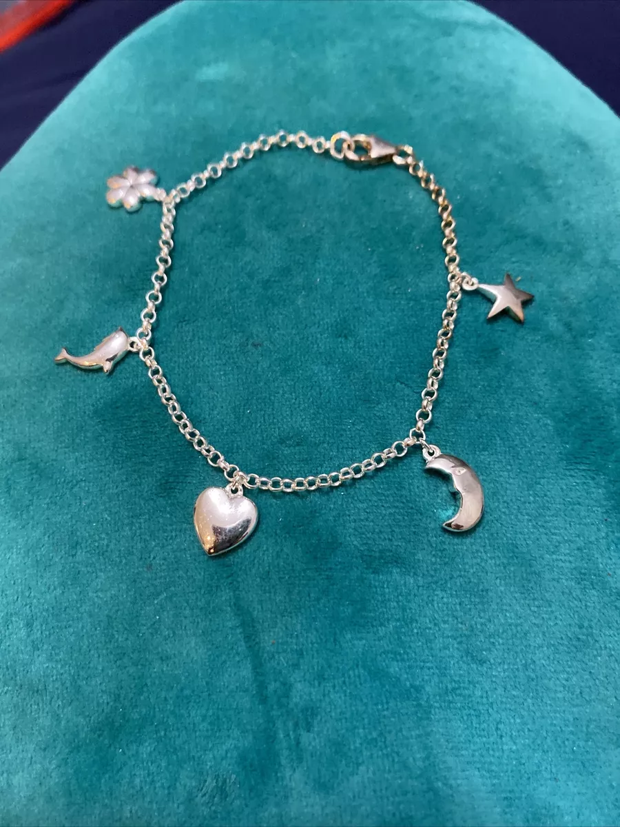 Sterling Silver .925 Star Moon Heart Dolphin Flower Charm Bracelet 7”