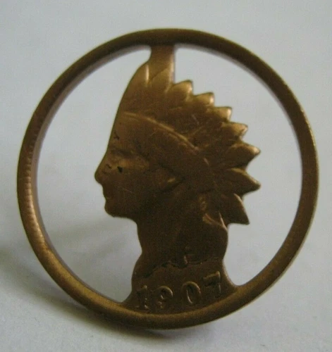Tie Tack w/ Button Hole Chain Die Cut USA INDIAN HEAD 1907 COPPER PENNY Lqqk!