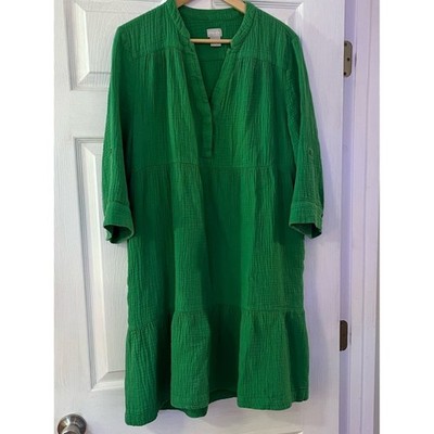 Chico's Tropical Green 3/4 Sleeve Tiered 100% Cotton V-neck Dress Boho Summer