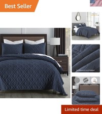 Quilt Set Queen Size Navy Blue, Classic Geometric Diamond Stitched Pattern, U...
