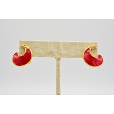 Monet Vintage Clip On Earrings Red Enamel Gold Retro 70s 80s 1980s Signed BinZ