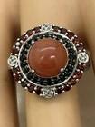 925 sterling  Silver Vintage Round Cut Peach Moonstone & Cz.Ring Size 7