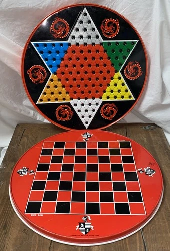 Vintage 1960's Ohio Art Red Tin Metal Chinese Checkers & Checkers Board Game