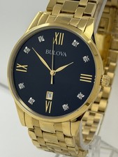 Bulova 97D108 Gold / Black Dial Diamond Accent Date Indicator Men s Watch 40mm