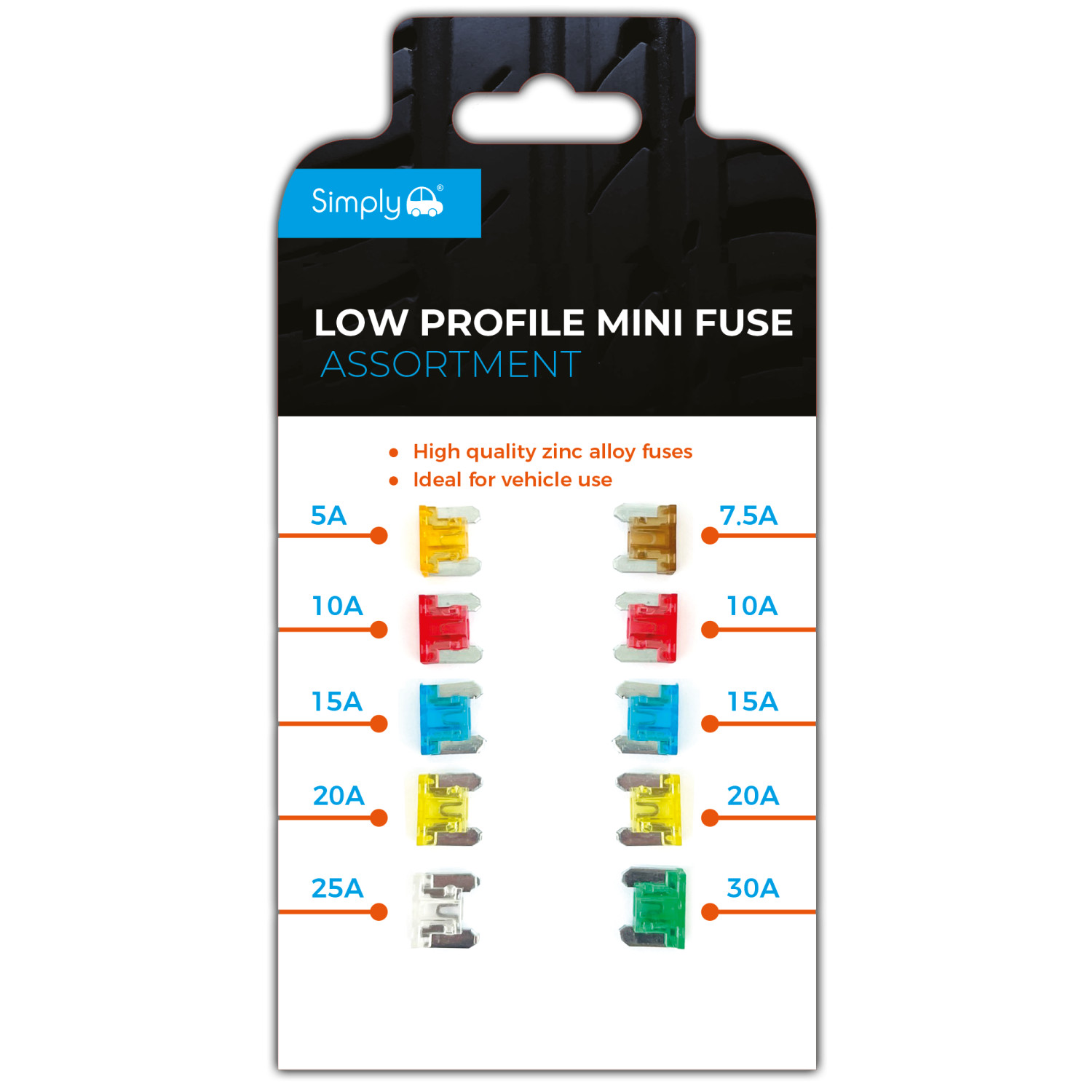 Simply BF821 10-Pack Low Profile Fuse Assortment Colour Coded Zinc Alloy Pack