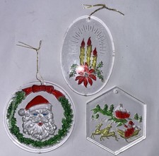3 Vintage Lucite Acrylic Christmas Ornaments Santa Reindeers Candles