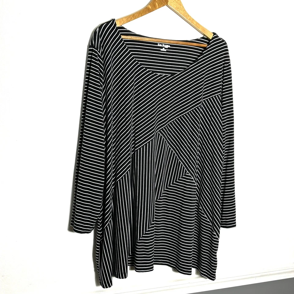 Túnica Kim Rogers Curvy Plus para mujer 3X negra blanca a rayas asimétricas manga 3/4 Foto 2 de 4