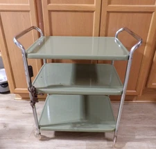 Vintage 3-Tier Metal Rolling Utility Cart Chrome Frame Mid Century Avocado Green