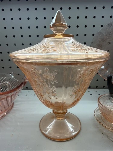 Vintage Federal Glass Sharon Cabbage Rose Pink Pedestal Candy Dish With Lid
