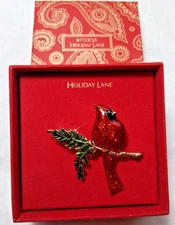 Macy's Holiday Lane Red Cardinal Bird Enamel Holiday Pin Brooch NEW w/ Gift Box