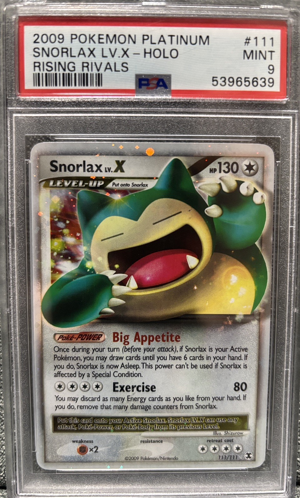 2009 POKEMON PLATINUM RISING RIVALS #111 SNORLAX LV.X-HOLO PSA 9