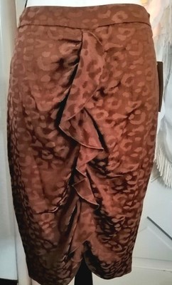 ZARA Basic Skirt Women M Jacquard Leopard Ruched Ruffle Pencil Brown NEW $39.90