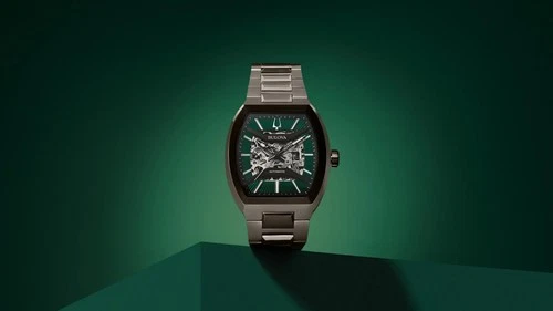 BULOVA MAQUINA MEN'S AUTOMATIC GREEN SKELETON DIAL EXHIBITION BACK WATCH 98A321 image 3