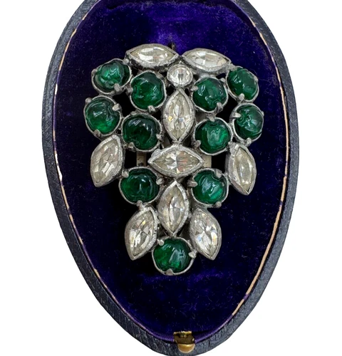 EISENBERG RARE ANTIQUE BROOCH DRESS CLIP ESTATE POURED GLASS GREEN CABOCHONS LRG