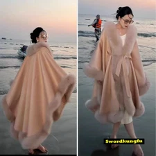 Women's Ponchos Wool Large Shawl Real Fox Fur Trim Cape Cardigan Coat - Custom